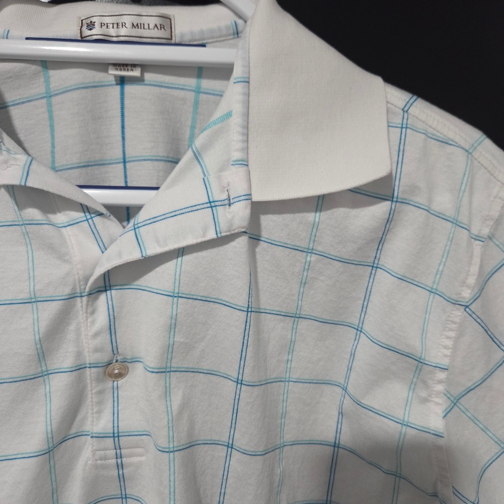 Peter Millar Mens White Blue Plaid Short Sleeve Polo Shirt Size M Cotton Golf